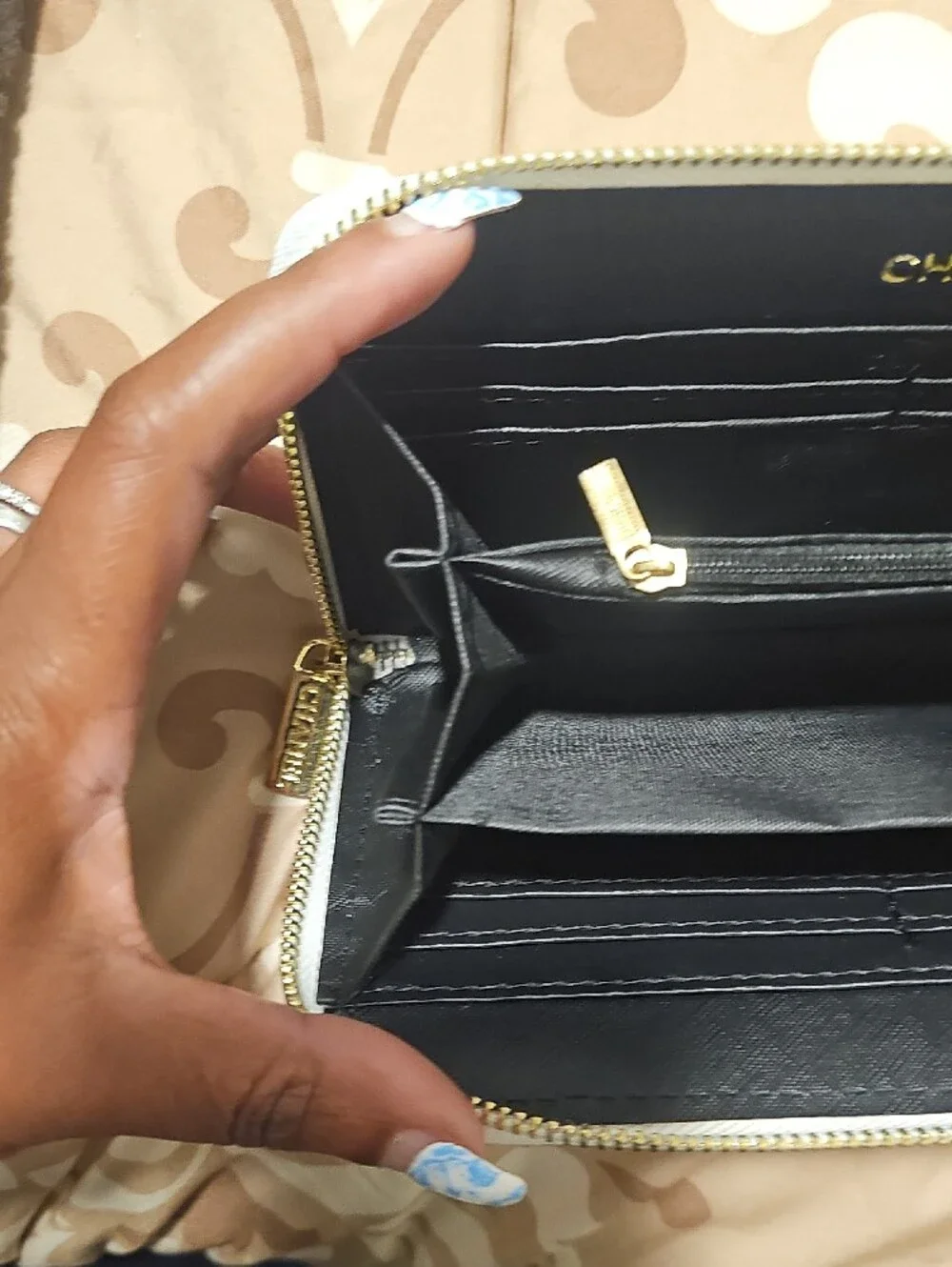 White Quilted Leather Zip Wallet with Gold Chain Trim